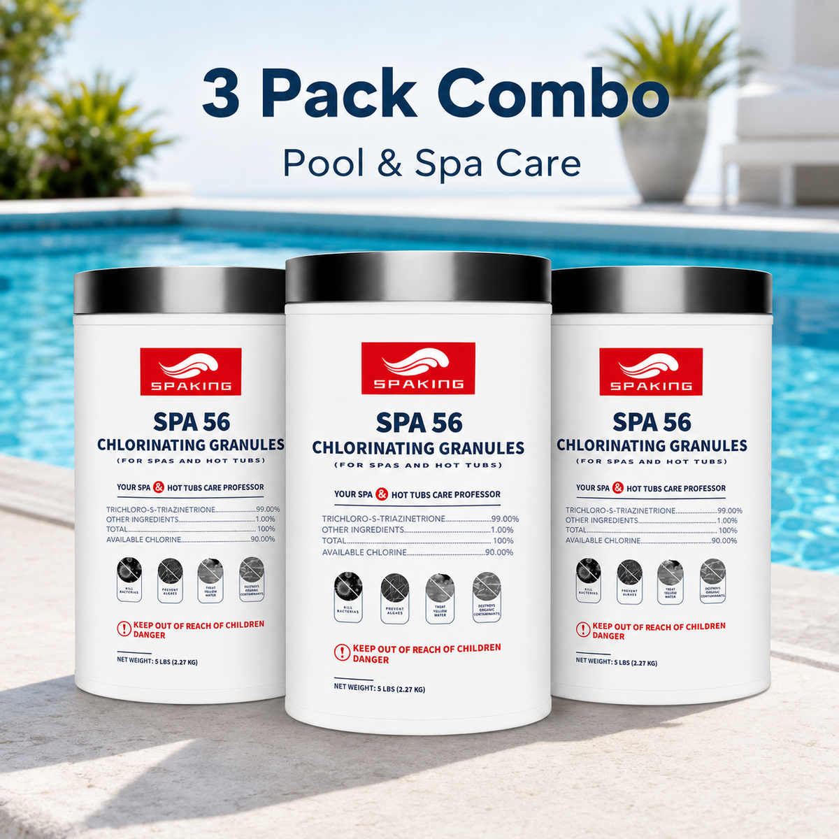 3-Pack Pool Shock Chlorine Powder (5 lbs Each, 15 lbs Total Value Bundle) | Fast-Dissolving | Algae Control | Quick Clean & Crystal Clear Water | Inground & Above Ground Pools