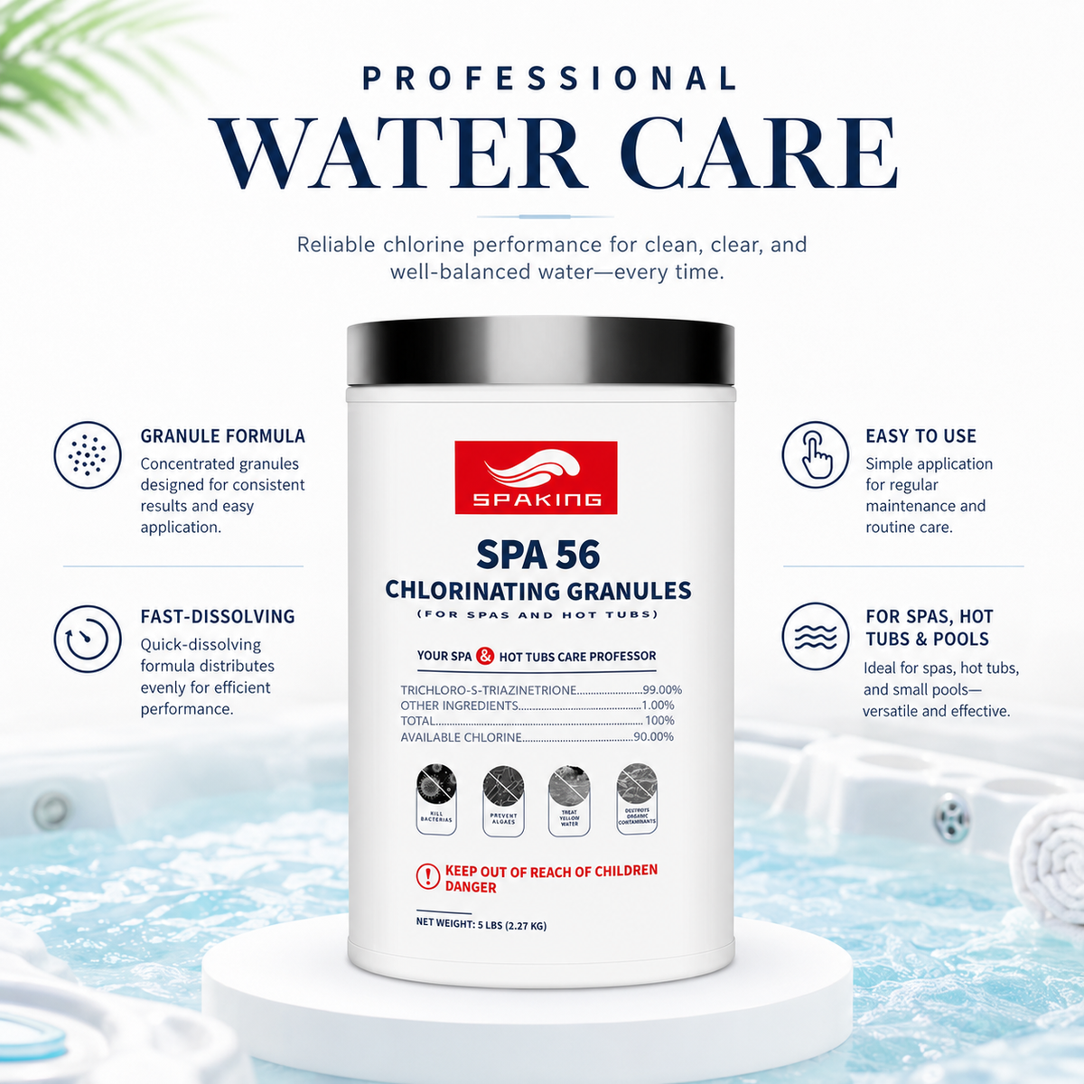 5LB Instant Chlorine Granules - Multi-Purpose Water Sanitizer for Pools, Spas & Fishponds | Fast-Acting, Long-Lasting Disinfectant