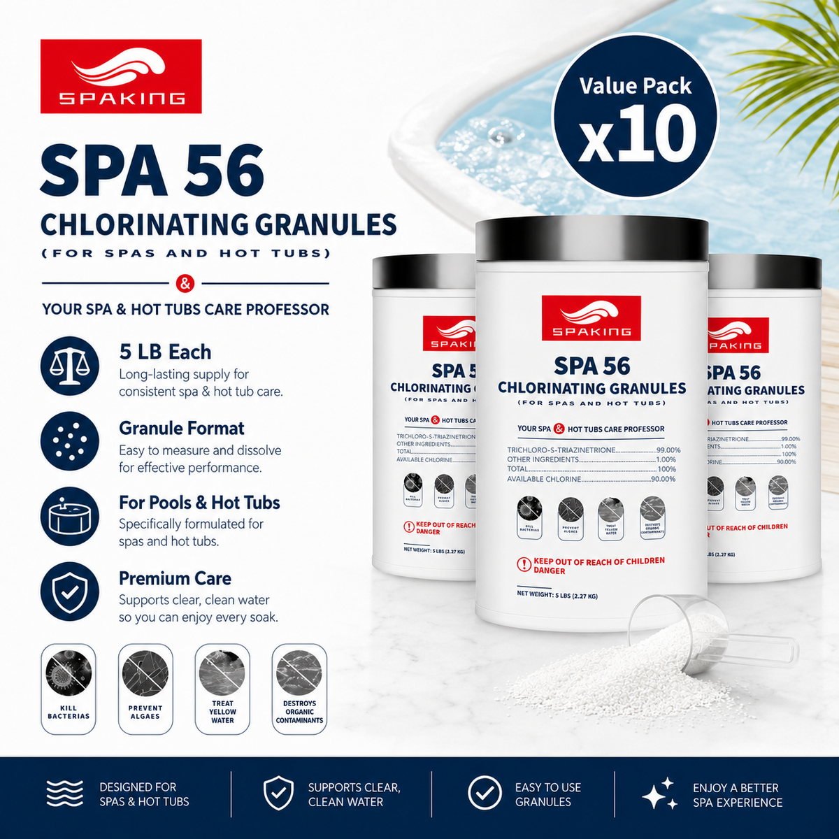 50 LB (10-Pack) Pool Chlorine Shock Powder - Fast-Dissolving, Quick Clean & Algae Removal