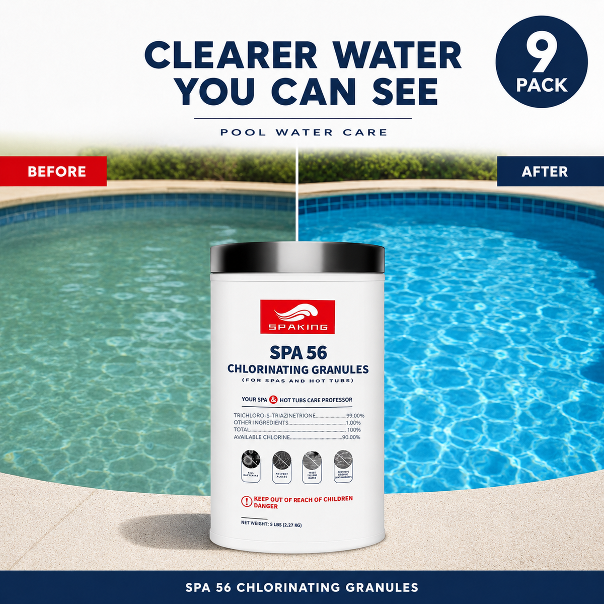 45lbs Total Value: 9-Pack Industry-Strength Chlorine Powder (5lb Bags) | Ultimate Season Supply for Fast-Acting Pool Shock & Crystal Clear Sanitation in Inground/Above Ground Pools