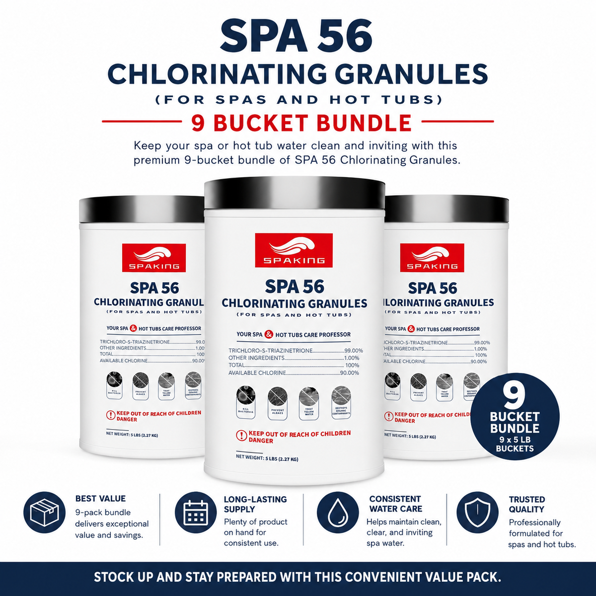 45lbs Total Value: 9-Pack Industry-Strength Chlorine Powder (5lb Bags) | Ultimate Season Supply for Fast-Acting Pool Shock & Crystal Clear Sanitation in Inground/Above Ground Pools