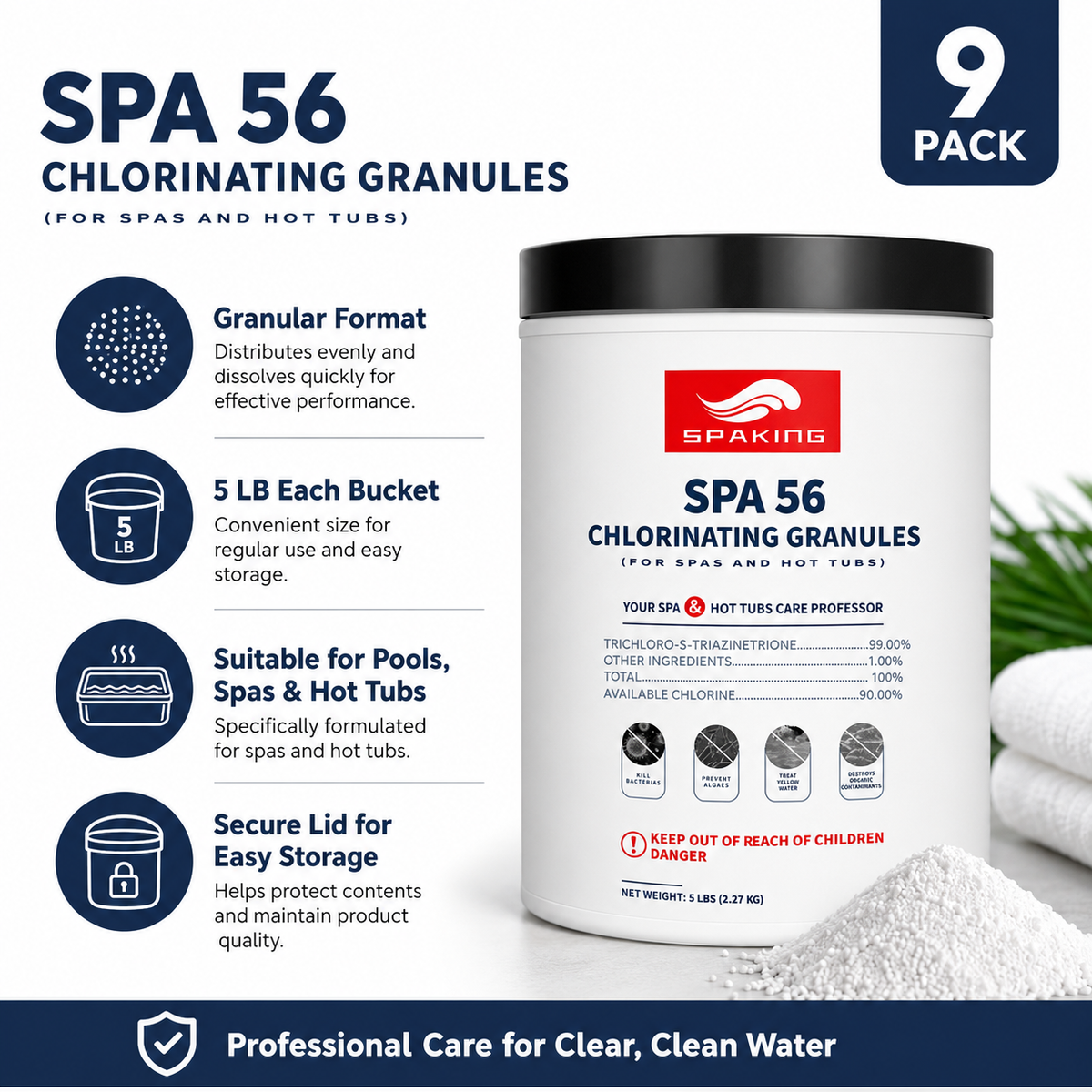 45lbs Total Value: 9-Pack Industry-Strength Chlorine Powder (5lb Bags) | Ultimate Season Supply for Fast-Acting Pool Shock & Crystal Clear Sanitation in Inground/Above Ground Pools