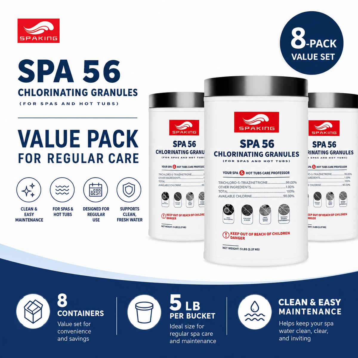 40lbs Total: 8-Pack of 5lb Fast-Acting Chlorine Powder Shock | Ultimate Swimming Pool Sanitizer for Crystal Clear Water – Works in All Inground & Above Ground Pools