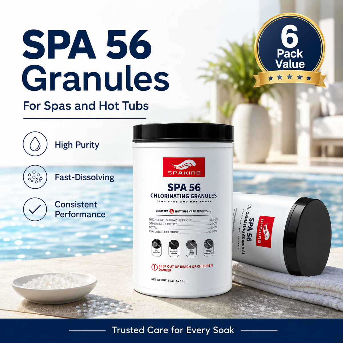 30LB Total Pool Shock Bulk Pack: 6x5lb Fast-Acting Chlorine Granules | Weekly Maintenance for Quick Clean, Algae-Free & Sparkling Clear Pool Water