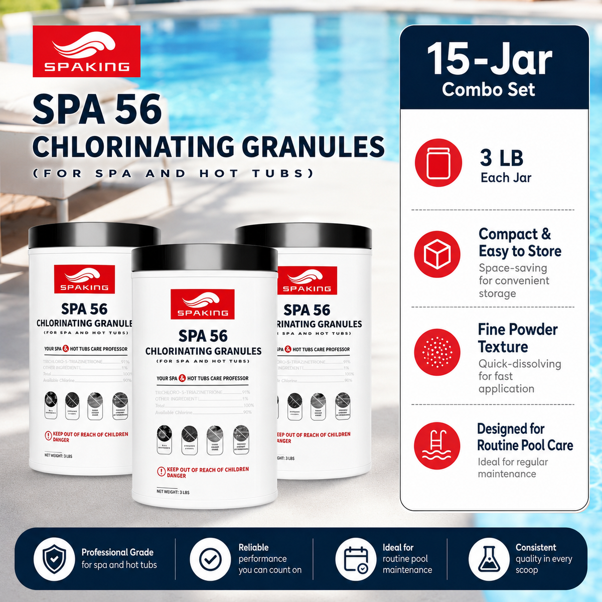 15-Pack Pool Shock (3 lbs Each, 45 lbs Total) | EPA-Registered Fast-Dissolving Chlorine Powder | Algae Control | Fast Clean & Crystal Clear Water | Inground & Above Ground Pools