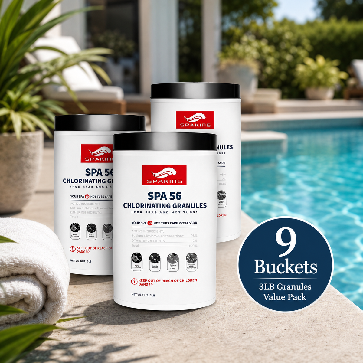 9-Pack Pool Chlorine Powder (3 lbs Per Bucket) | Fast-Acting Pool Shock Sanitizer | Keeps Water Crystal Clear | Summer Essentials & Pool Must-Haves | Inground & Above Ground Pools