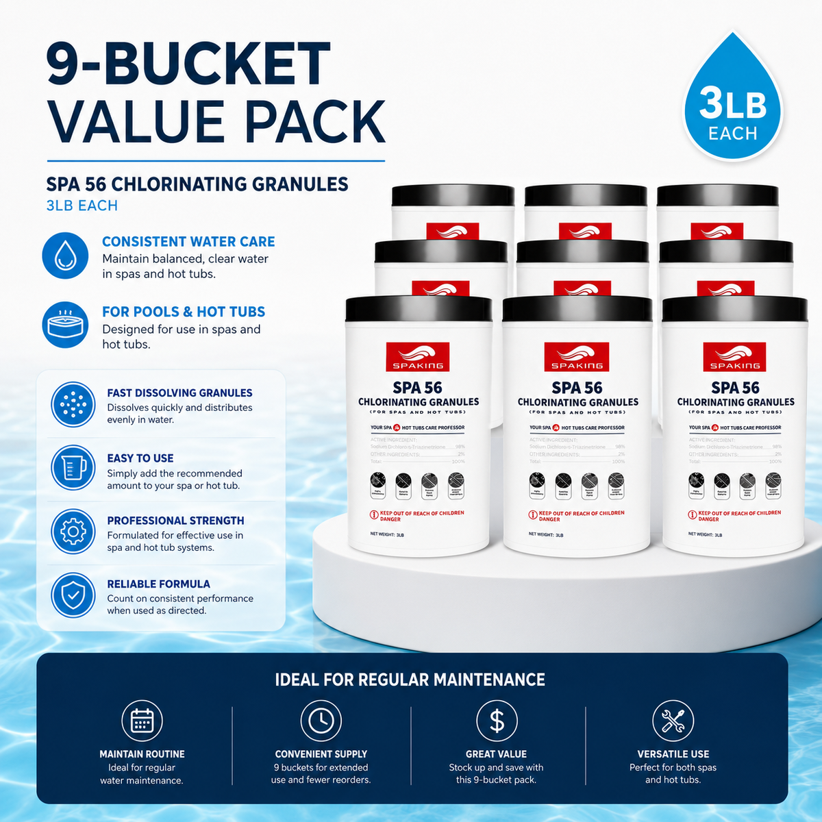 9-Pack Pool Chlorine Powder (3 lbs Per Bucket) | Fast-Acting Pool Shock Sanitizer | Keeps Water Crystal Clear | Summer Essentials & Pool Must-Haves | Inground & Above Ground Pools