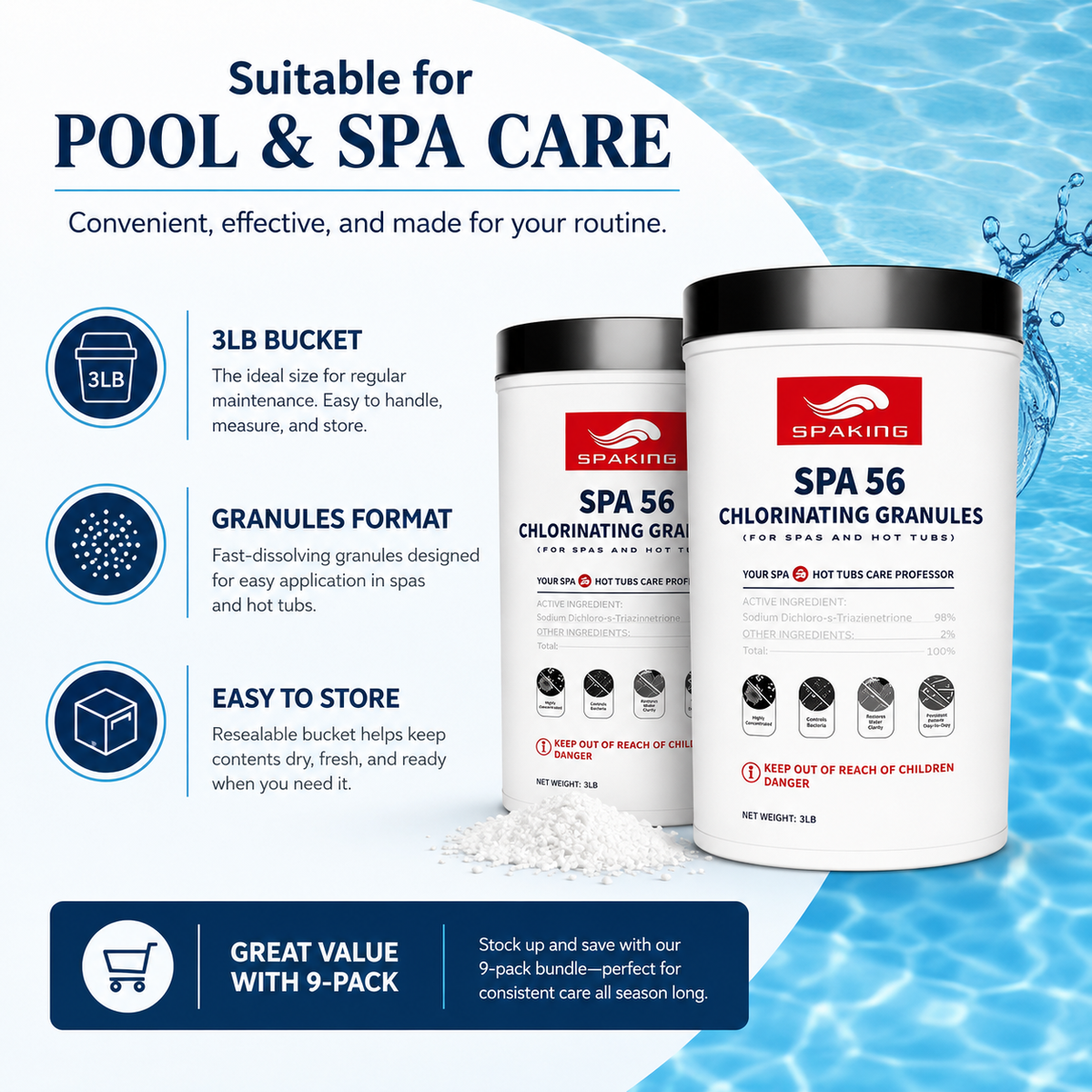 9-Pack Pool Chlorine Powder (3 lbs Per Bucket) | Fast-Acting Pool Shock Sanitizer | Keeps Water Crystal Clear | Summer Essentials & Pool Must-Haves | Inground & Above Ground Pools