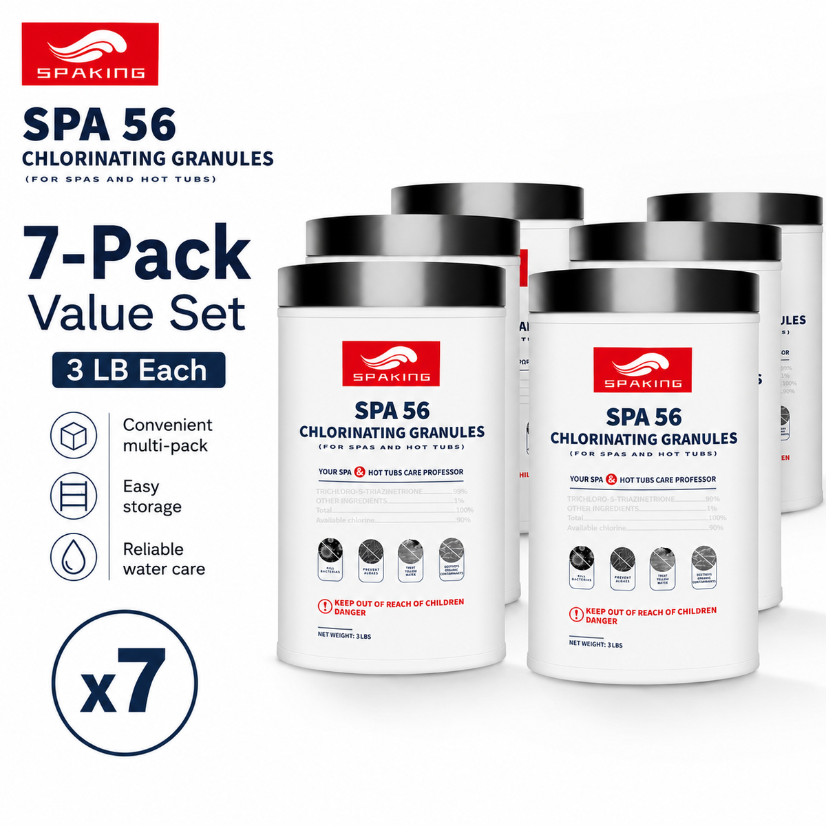 7-Pack 3lb Pool Chlorine Shock Powder | Fast-Acting Sanitizer for Inground & Above Ground Pools | Keep Water Crystal Clear | Summer Pool Essentials