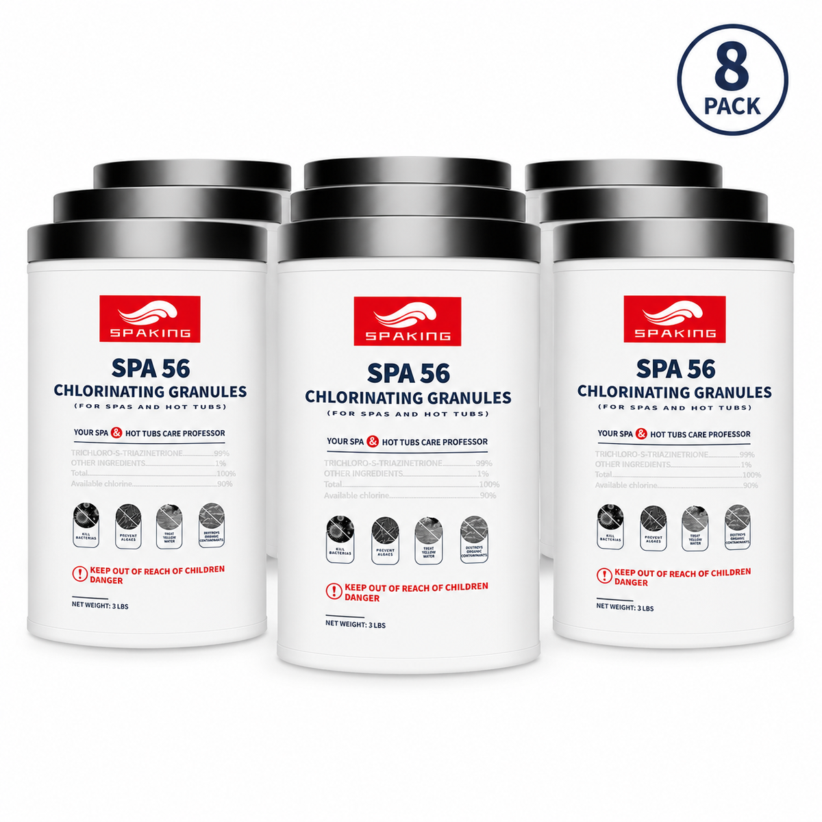 8-Pack Pool Chlorine Powder (3 lbs Per Bucket) | Fast-Acting Pool Shock Sanitizer | Keeps Water Crystal Clear | Summer Essentials & Pool Must-Haves | Inground & Above Ground Pools