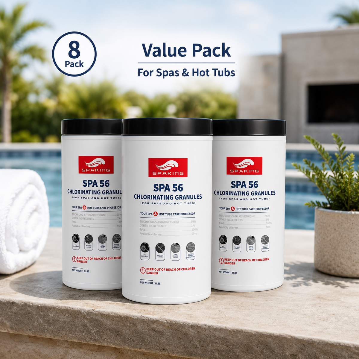 8-Pack Pool Chlorine Powder (3 lbs Per Bucket) | Fast-Acting Pool Shock Sanitizer | Keeps Water Crystal Clear | Summer Essentials & Pool Must-Haves | Inground & Above Ground Pools