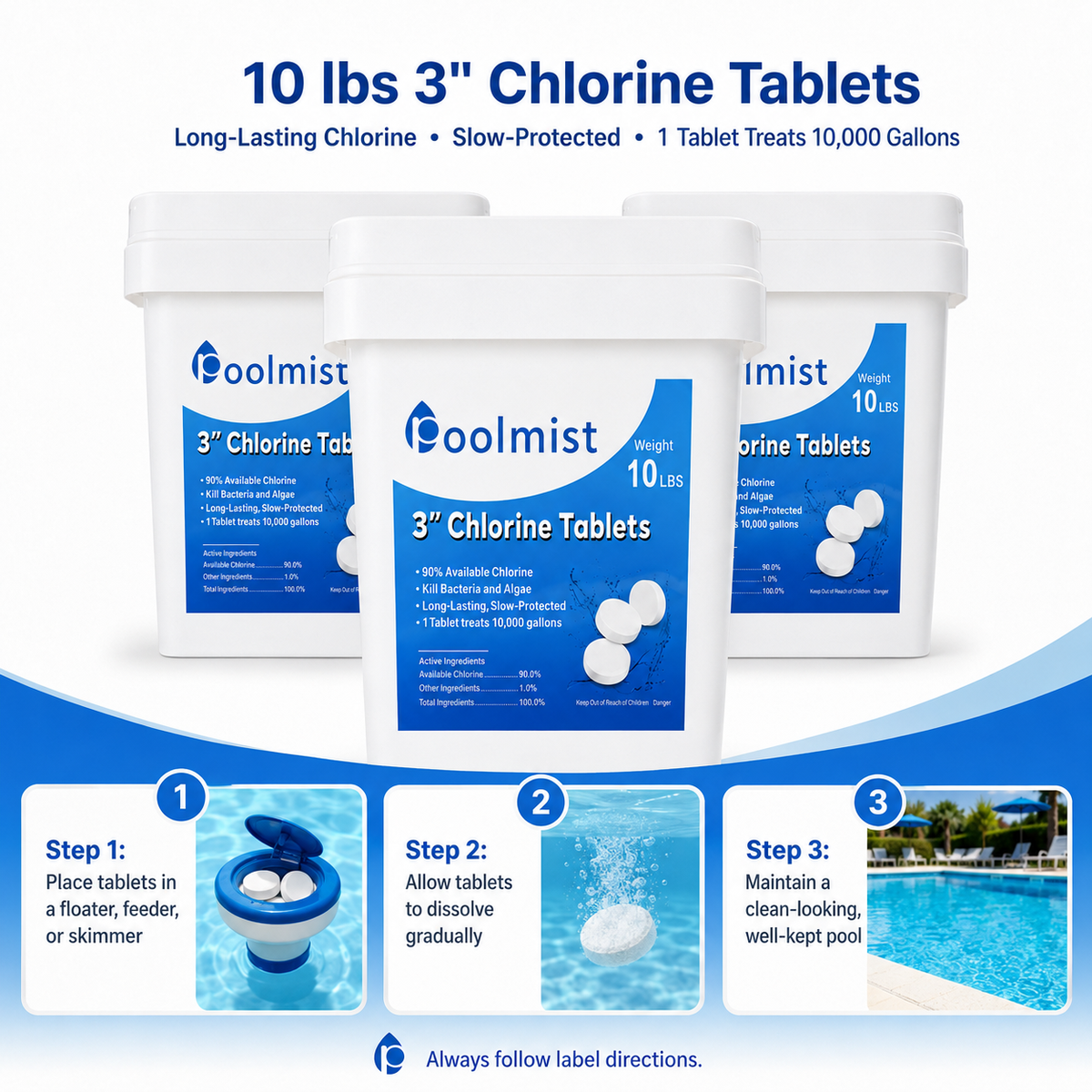 30LB Bulk Bundle: 3-Pack of 3-Inch Stabilized Chlorine Tablets (10LB Each) | For Continuous Pool Sanitation, Algae Control & Crystal Clear Water