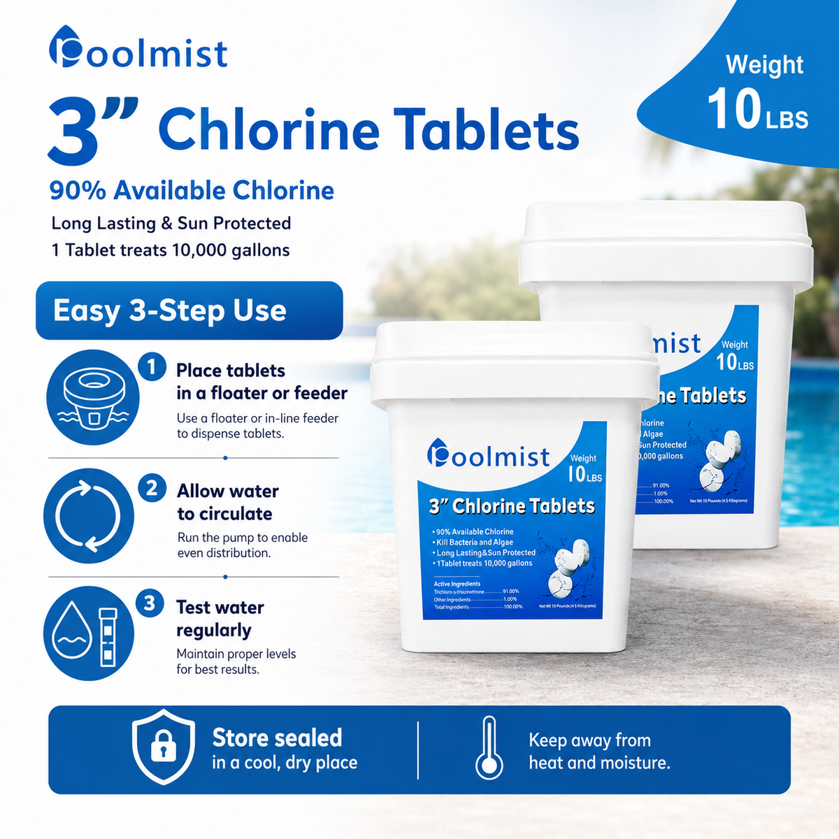 Stabilized 3-Inch Chlorine Tablets - 2 Pack (20LB Total) | Long-Lasting Pool Maintenance for Continuous Algae Control & Crystal Clear Water