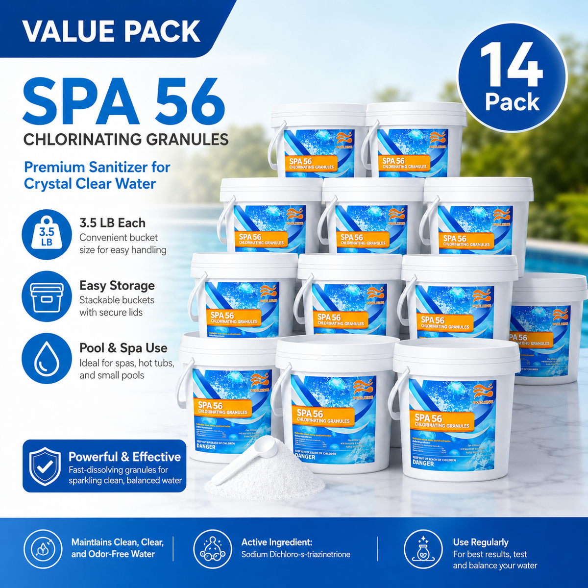 14-Pack Pool Chlorine Powder (3.5 lbs Per Bag) | Fast-Acting Shock Treatment & Sanitizer | Crystal Clear Water | Ideal for Inground & Above Ground Pools