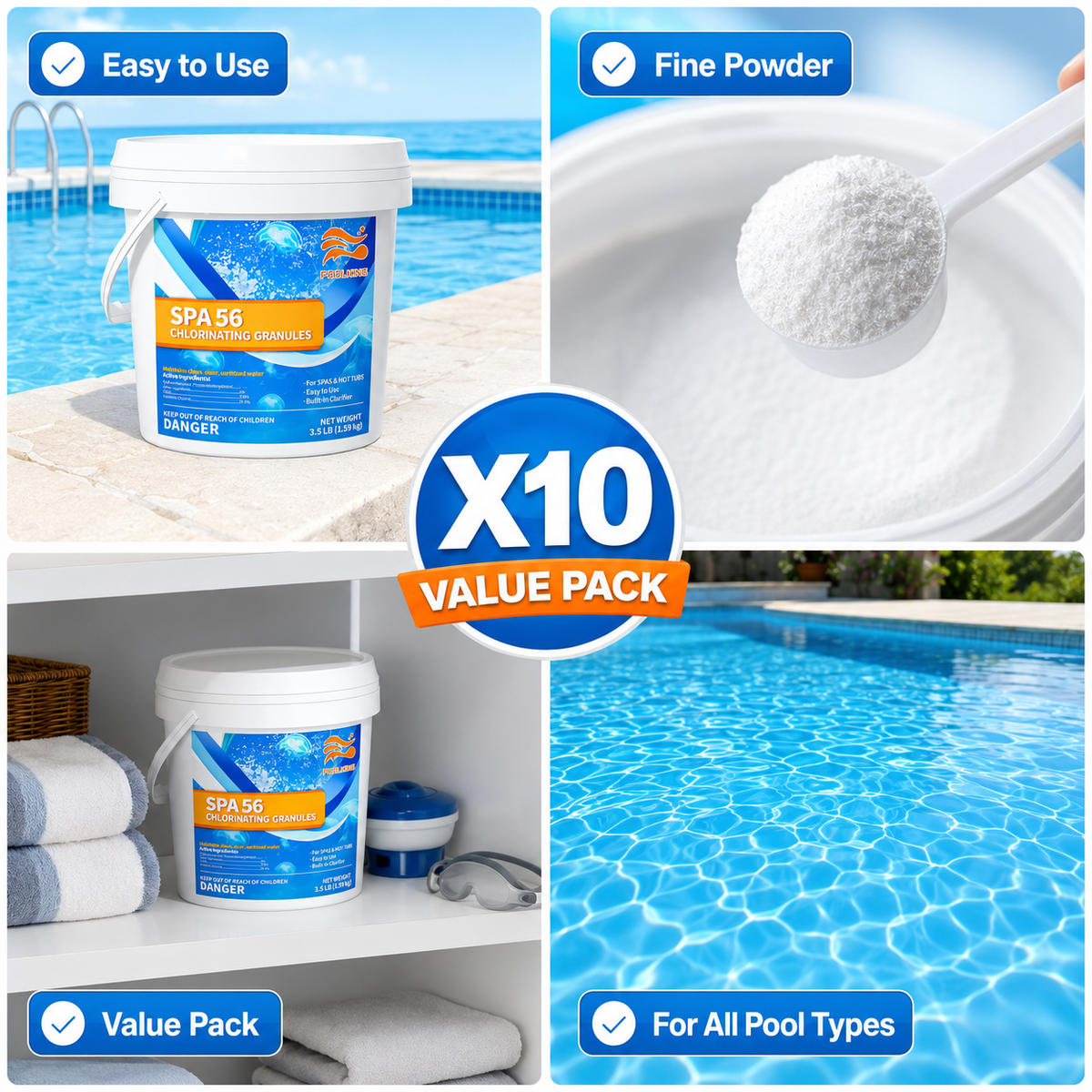 Bulk Pool Shock Chlorine Powder – 10 Pack x 3.5LB (35LB Total), Fast-Dissolving Sanitizer & Water Clarifier for Quick Clean, Algae Control in Pools & Spas