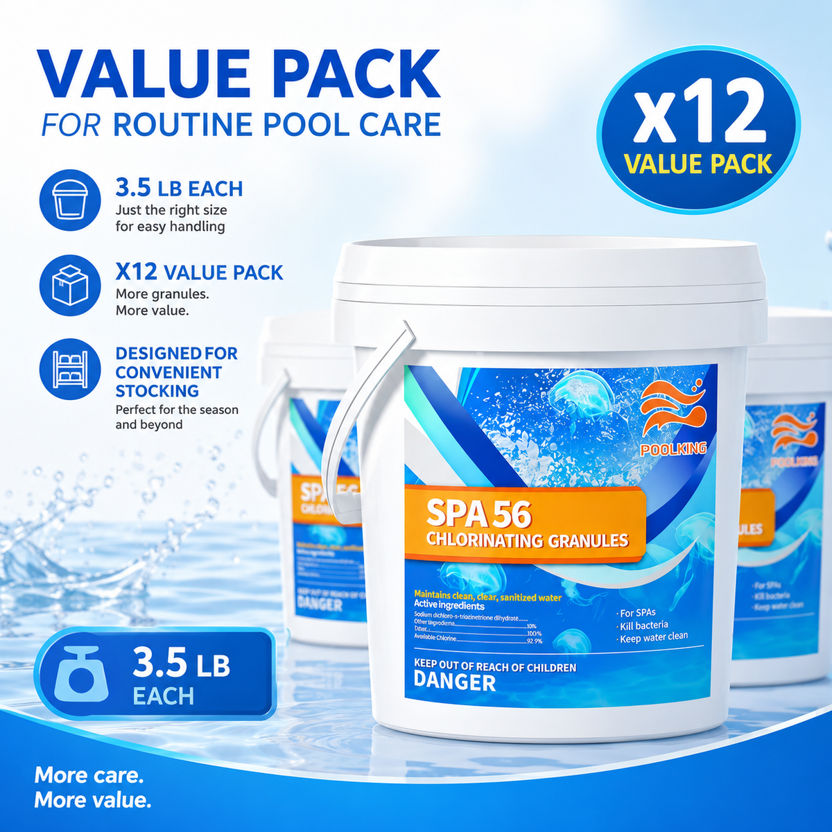 12-Pack Pool Chlorine Powder (3.5 lbs Per Bag) | Fast-Acting Shock Sanitizer | Clears Cloudy Water Fast | EPA-Registered | Inground & Above Ground Pools