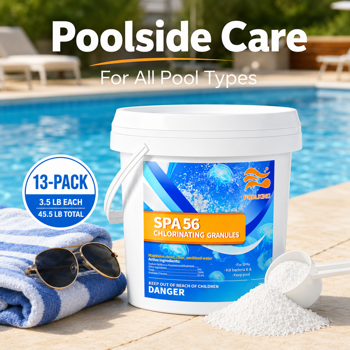 13-Pack Pool Chlorine Powder (3.5 lbs Per Bag) | Fast-Acting Shock Treatment & Sanitizer | Crystal Clear Pool Water | For Inground & Above Ground Pools