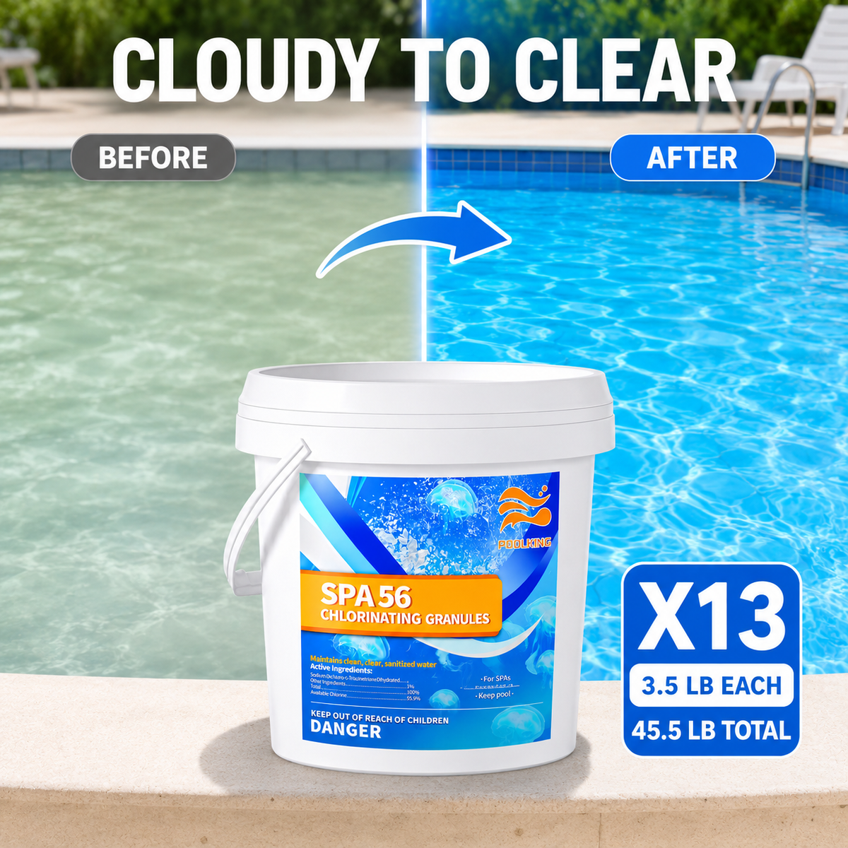 13-Pack Pool Chlorine Powder (3.5 lbs Per Bag) | Fast-Acting Shock Treatment & Sanitizer | Crystal Clear Pool Water | For Inground & Above Ground Pools