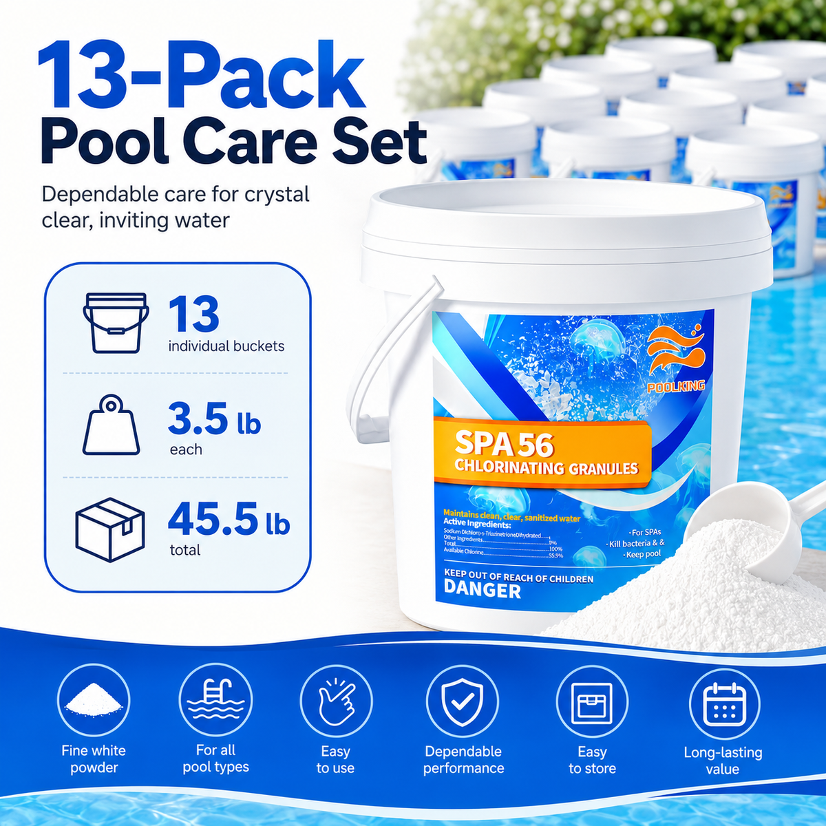 13-Pack Pool Chlorine Powder (3.5 lbs Per Bag) | Fast-Acting Shock Treatment & Sanitizer | Crystal Clear Pool Water | For Inground & Above Ground Pools