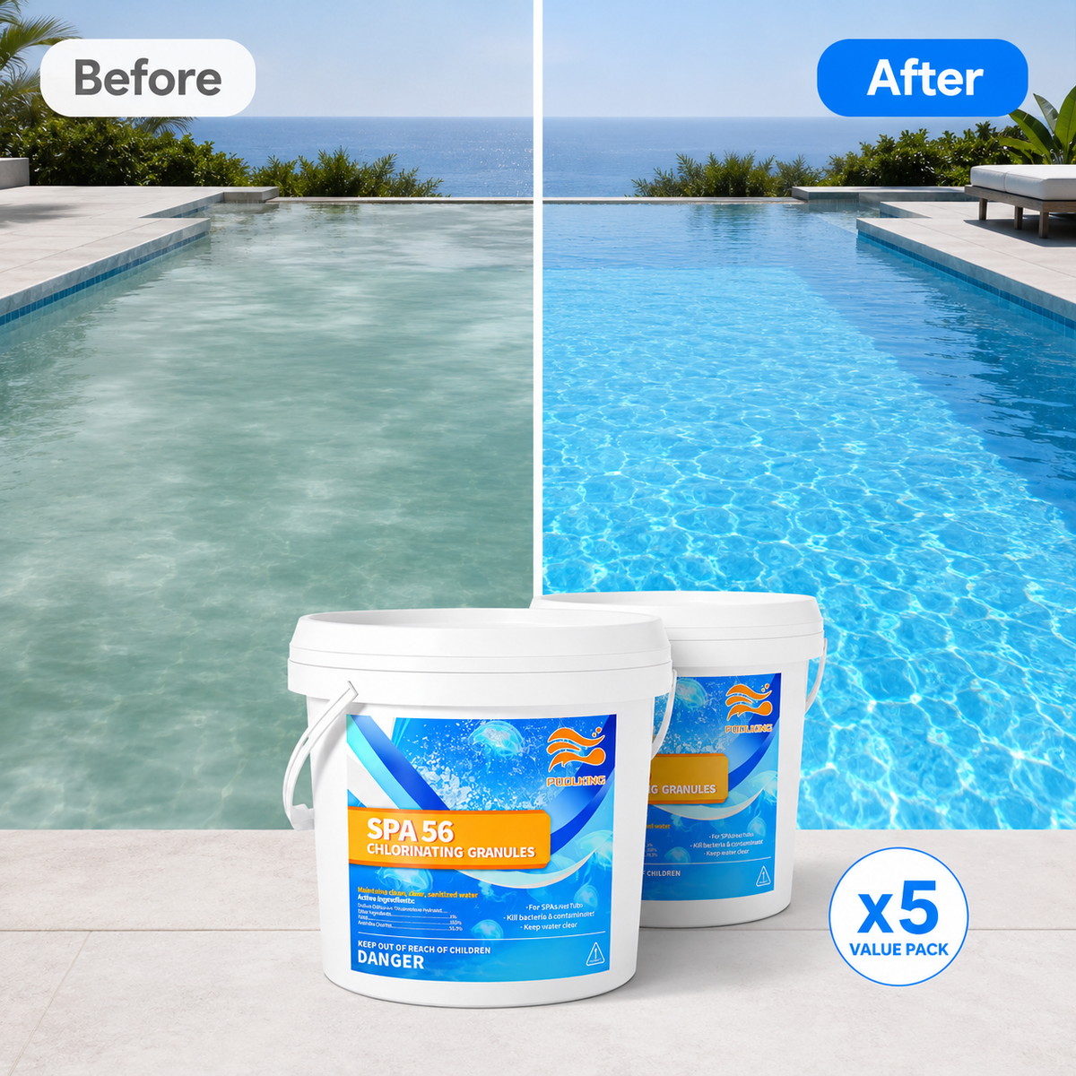 5-Pack Pool Chlorine Powder (3.5 lbs Per Bucket) | Fast-Acting Pool Shock Sanitizer | Keeps Pool Water Crystal Clear | Inground & Above Ground Pools