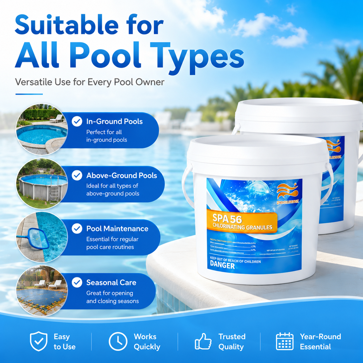 Bulk Pool Shock Chlorine Powder – 4 Pack x 3.5LB (14LB Total), Fast-Dissolving Sanitizer & Water Clarifier for Quick Clean, Algae Control in Pools & Spas