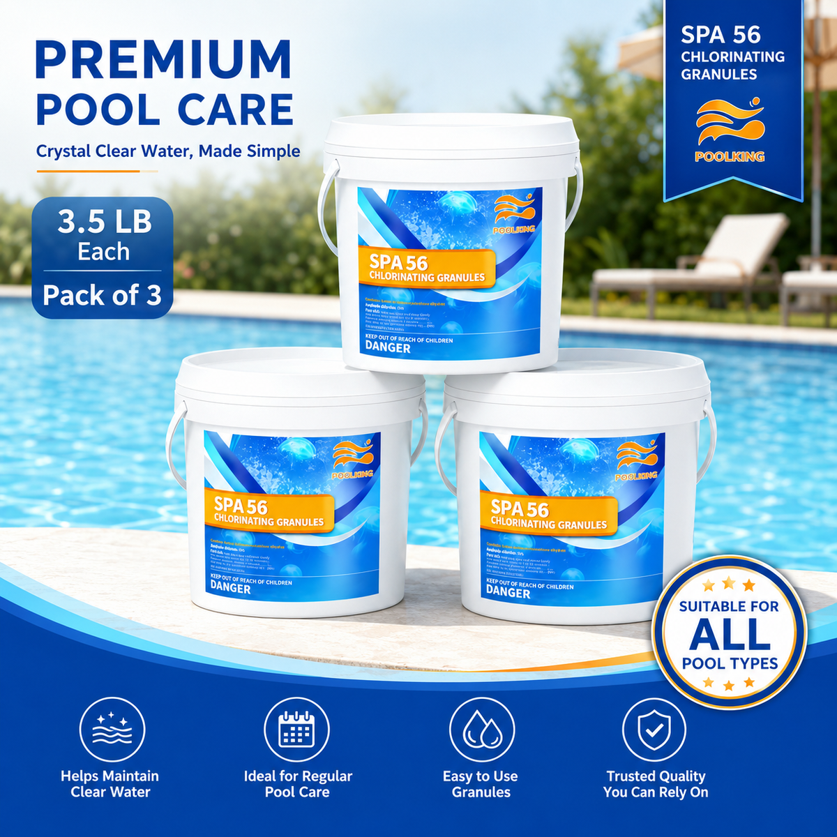 3-Pack Pool Chlorine Powder (3.5 lbs Per Bucket) | Fast-Acting Pool Shock Sanitizer | Keeps Pool Water Crystal Clear | Inground & Above Ground Pools