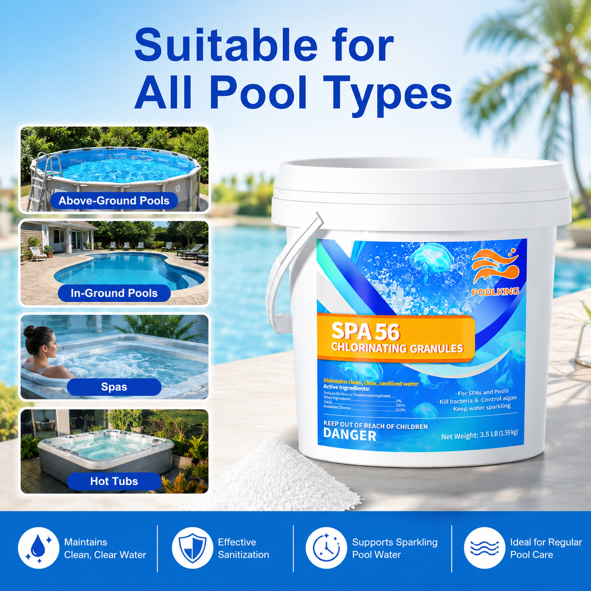 Quick Water Rescue: 3.5 LB Instant Chlorine Powder | Rapid Sanitizer for Emergency Disinfection of Pools, Spas, and Ornamental Ponds