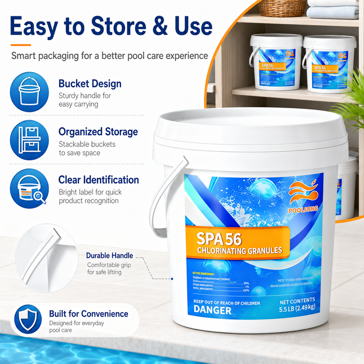 Bulk Pool Chlorine Powder 55 LB - 10 Pack of 5.5 lb Fast-Dissolving Shock, Sanitizer & Water Clarifier for Large Inground/Above Ground Pools & Spas