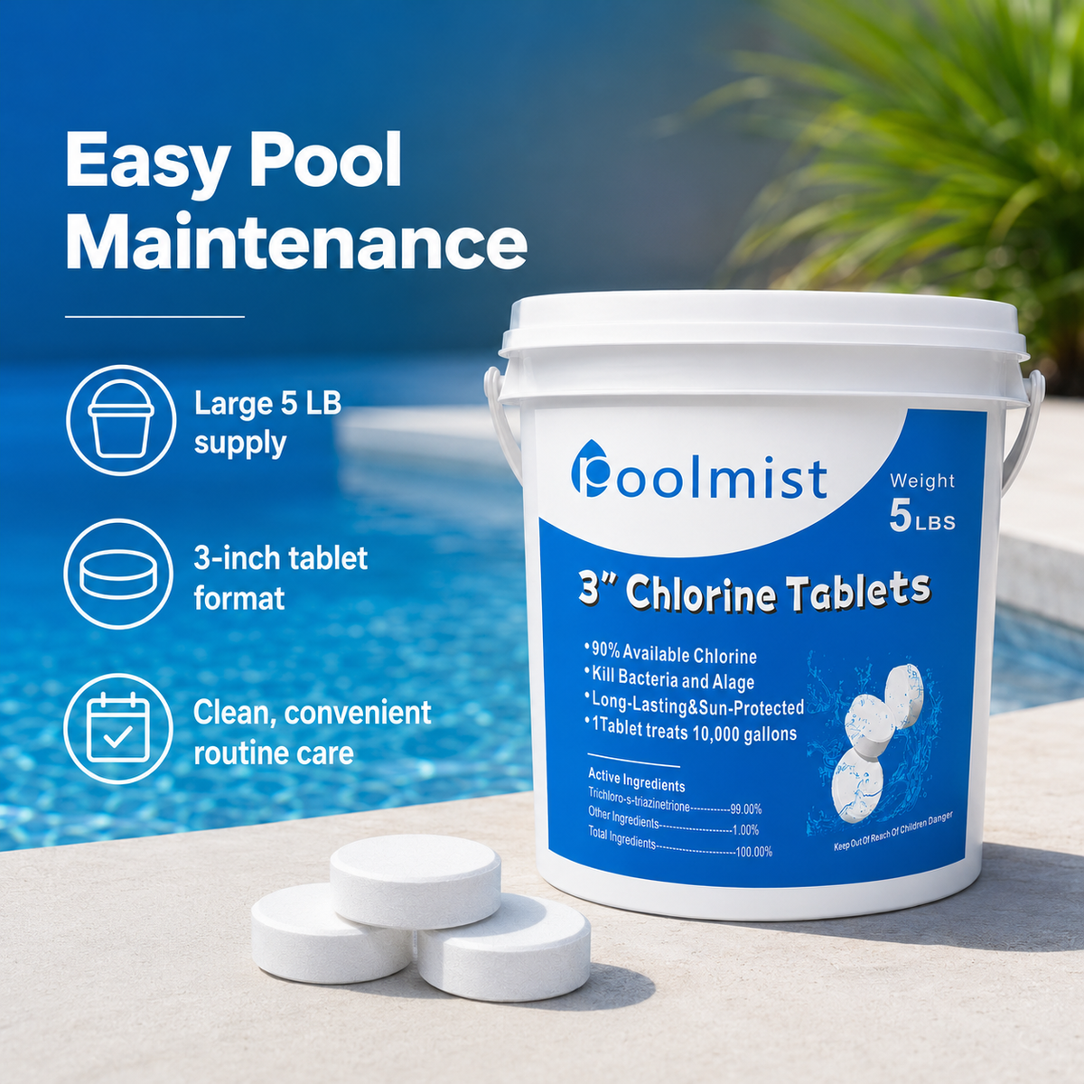 5-lb 3-Inch Stabilized Chlorine Tablets (1 Pack) | Slow-Dissolving Long-Lasting Algae Control | Pool Maintenance | Crystal Clear Water | Inground & Above Ground Pools