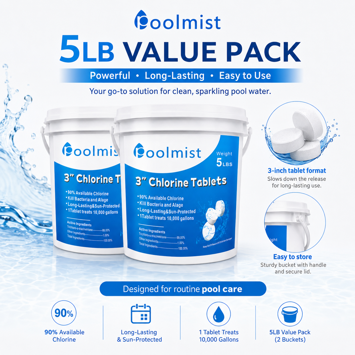 3-Inch Swimming Pool Chlorine Tablets | Fast-Acting & Long-Lasting | Durable Formula | Crystal Clear Water Quality
