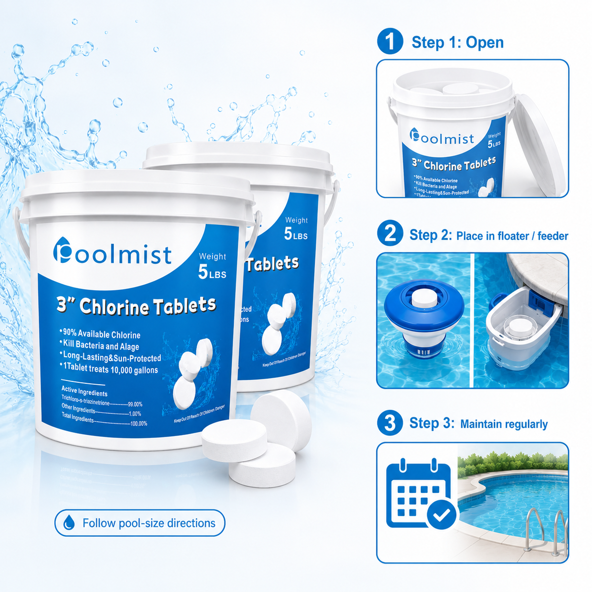 3-Inch Swimming Pool Chlorine Tablets | Fast-Acting & Long-Lasting | Durable Formula | Crystal Clear Water Quality