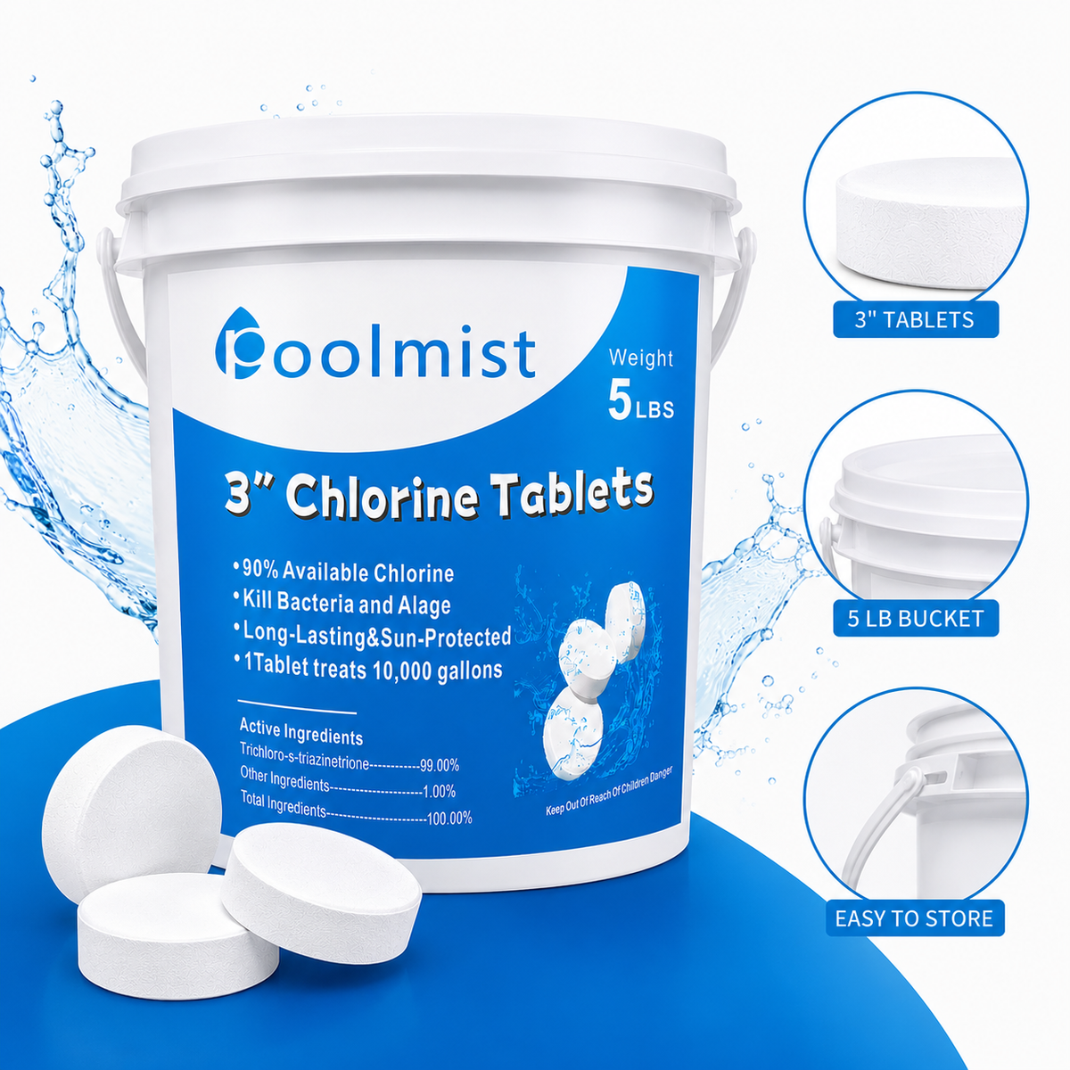 【15 lbs Total】3-Bucket 5-lb Individually Wrapped 3-Inch Stabilized Pool Chlorine Tablets | Fast-Acting & Long-Lasting Sanitization | Crystal Clear Water | Inground & Above Ground Pools
