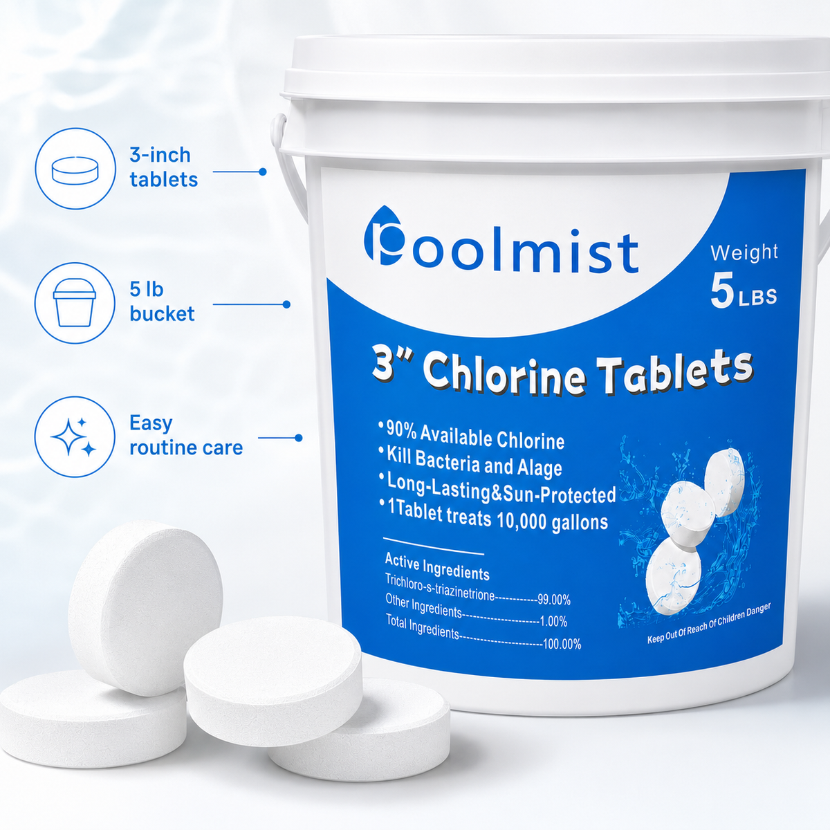 Slow-Dissolving Efficiency: 5LB 3-Inch Stabilized Chlorine Tablets  | Provides Sustained Sanitation for Crystal Clear Water & Reliable Algae Control in Pools & Spas