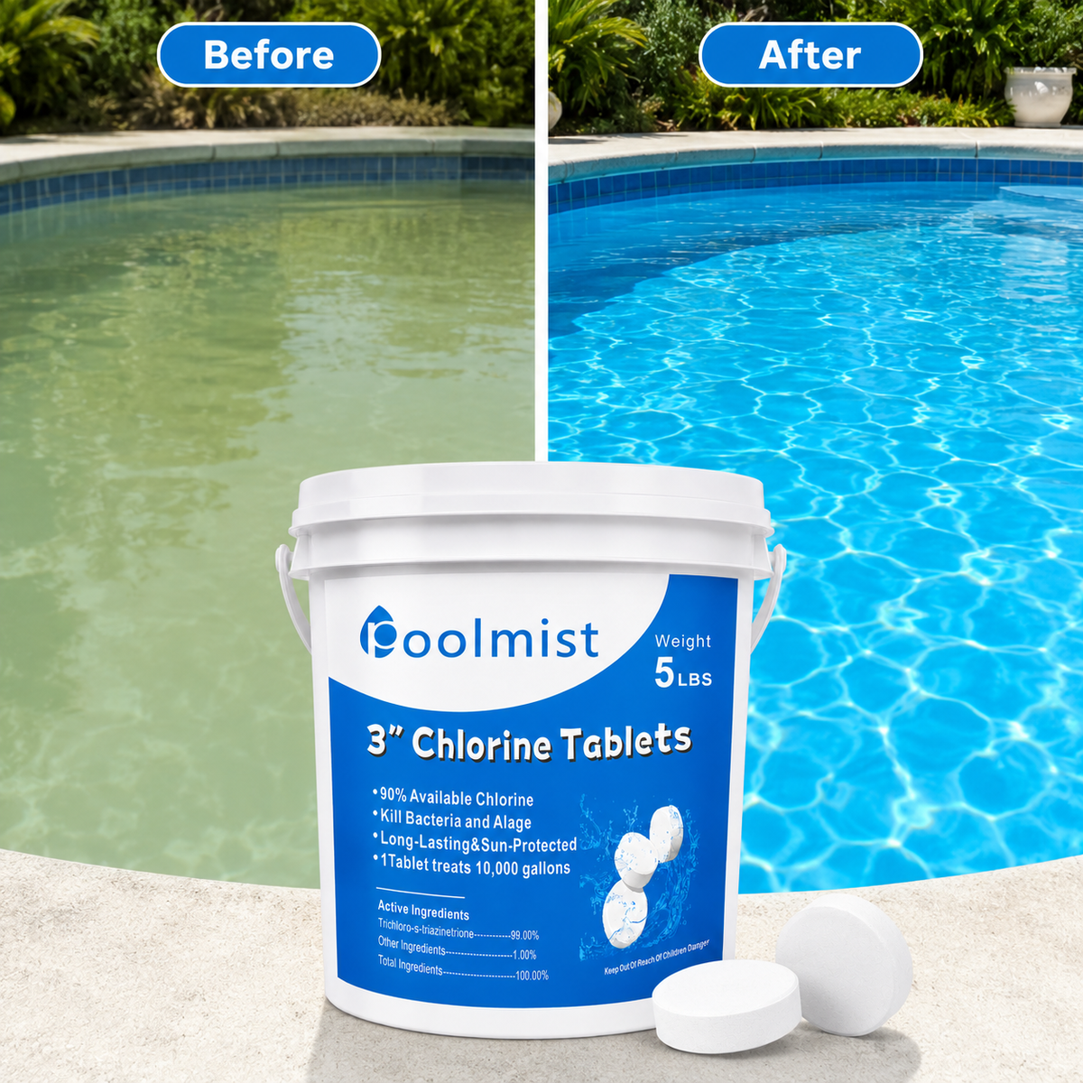 Slow-Dissolving Efficiency: 5LB 3-Inch Stabilized Chlorine Tablets  | Provides Sustained Sanitation for Crystal Clear Water & Reliable Algae Control in Pools & Spas