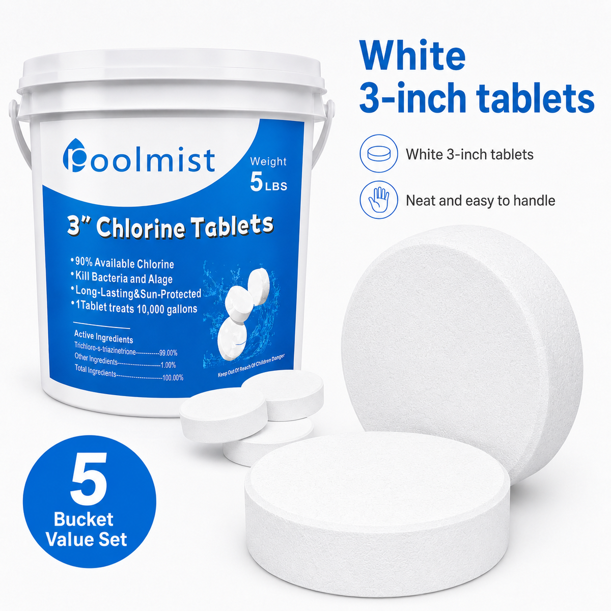 Slow-Dissolving Efficiency: 5LB 3-Inch Stabilized Chlorine Tablets  | Provides Sustained Sanitation for Crystal Clear Water & Reliable Algae Control in Pools & Spas