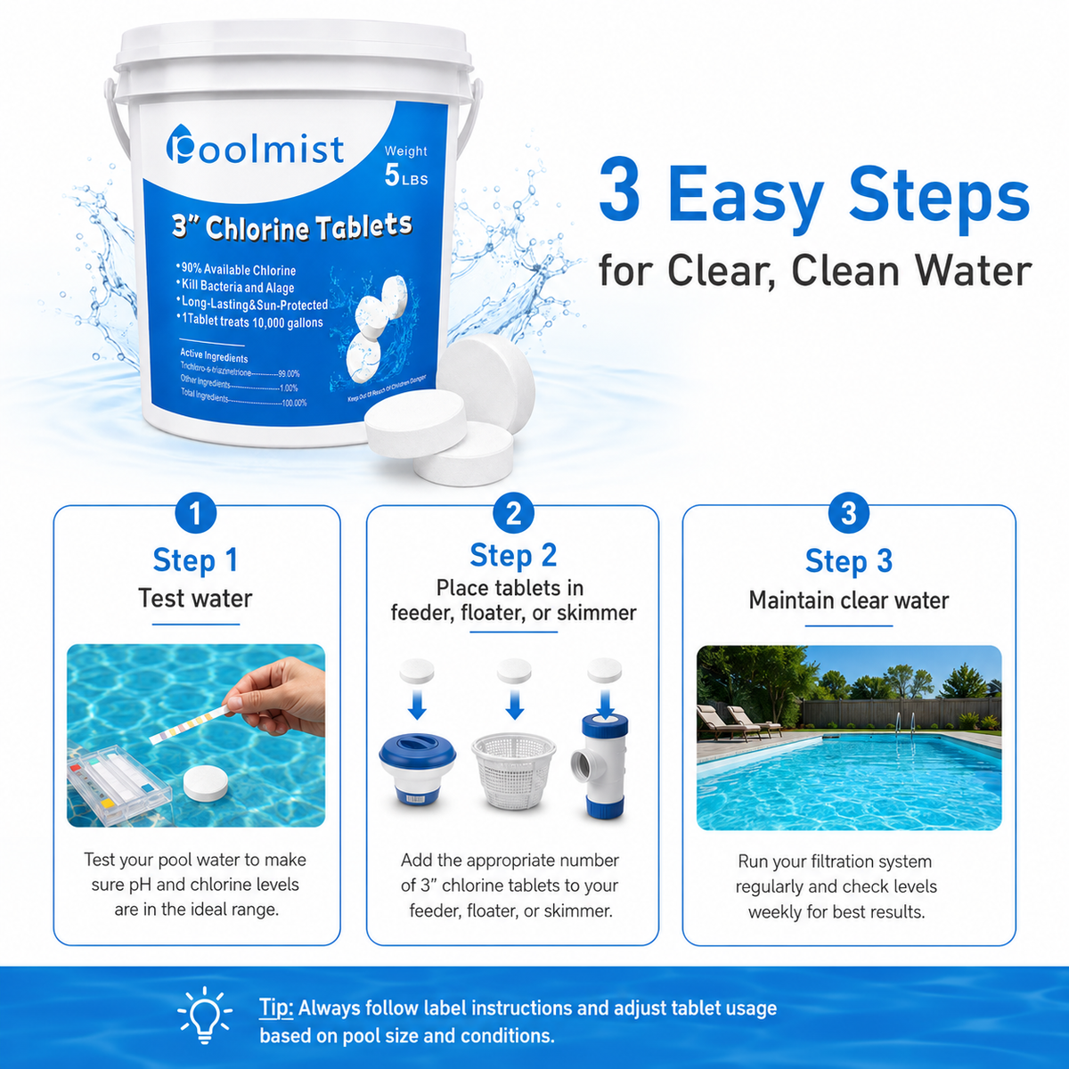 Slow-Dissolving Efficiency: 5LB 3-Inch Stabilized Chlorine Tablets  | Provides Sustained Sanitation for Crystal Clear Water & Reliable Algae Control in Pools & Spas