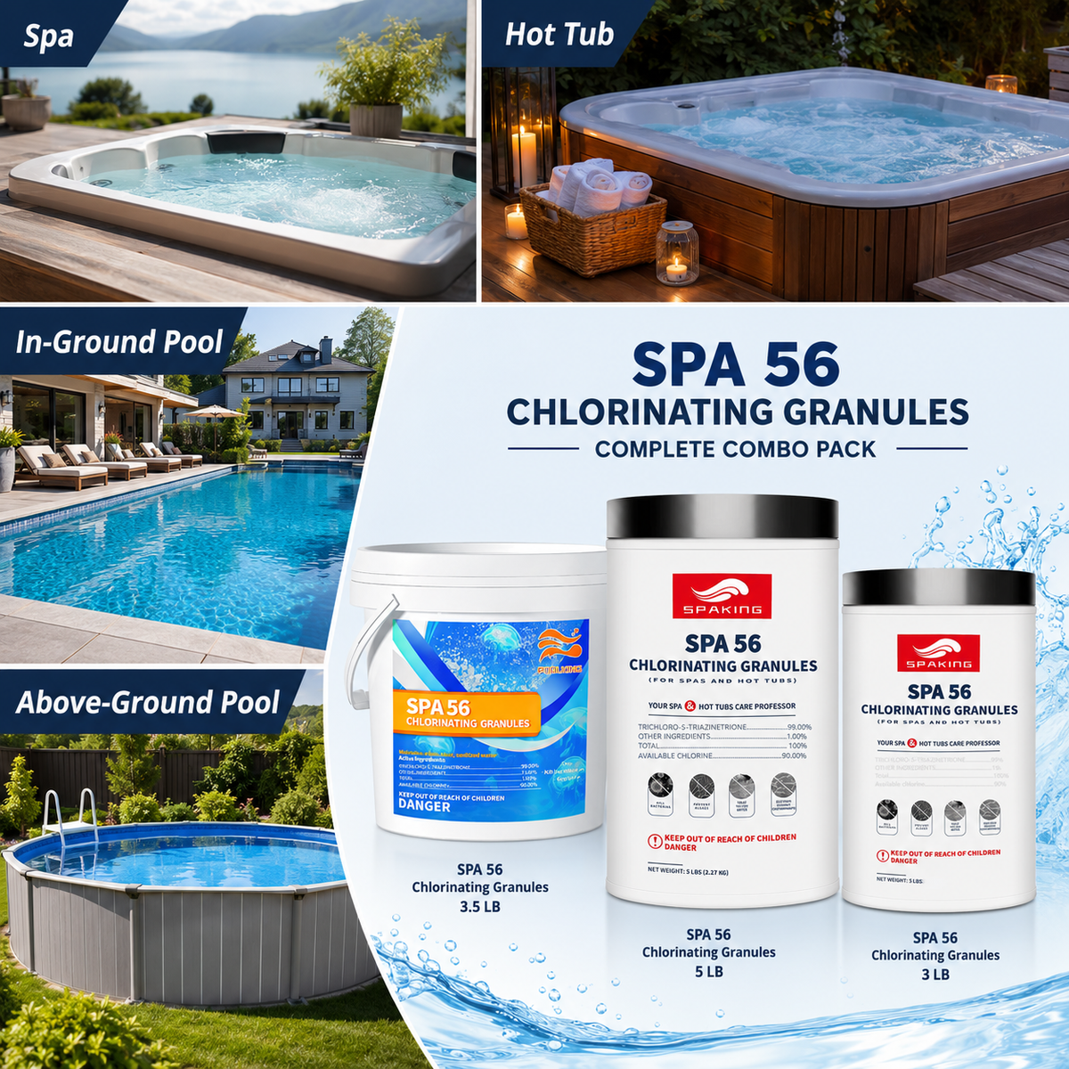 [Value Sterilization Kit] Fast-Dissolving Chlorine Powder Combo (2×3.5 lbs + 2×5 lbs + 1×3 lbs Buckets, 20 lbs Total) | Algae & Bacteria Control | Professional Pool/SPA/Fish Pond Sanitizer | Inground & Above Ground Pools
