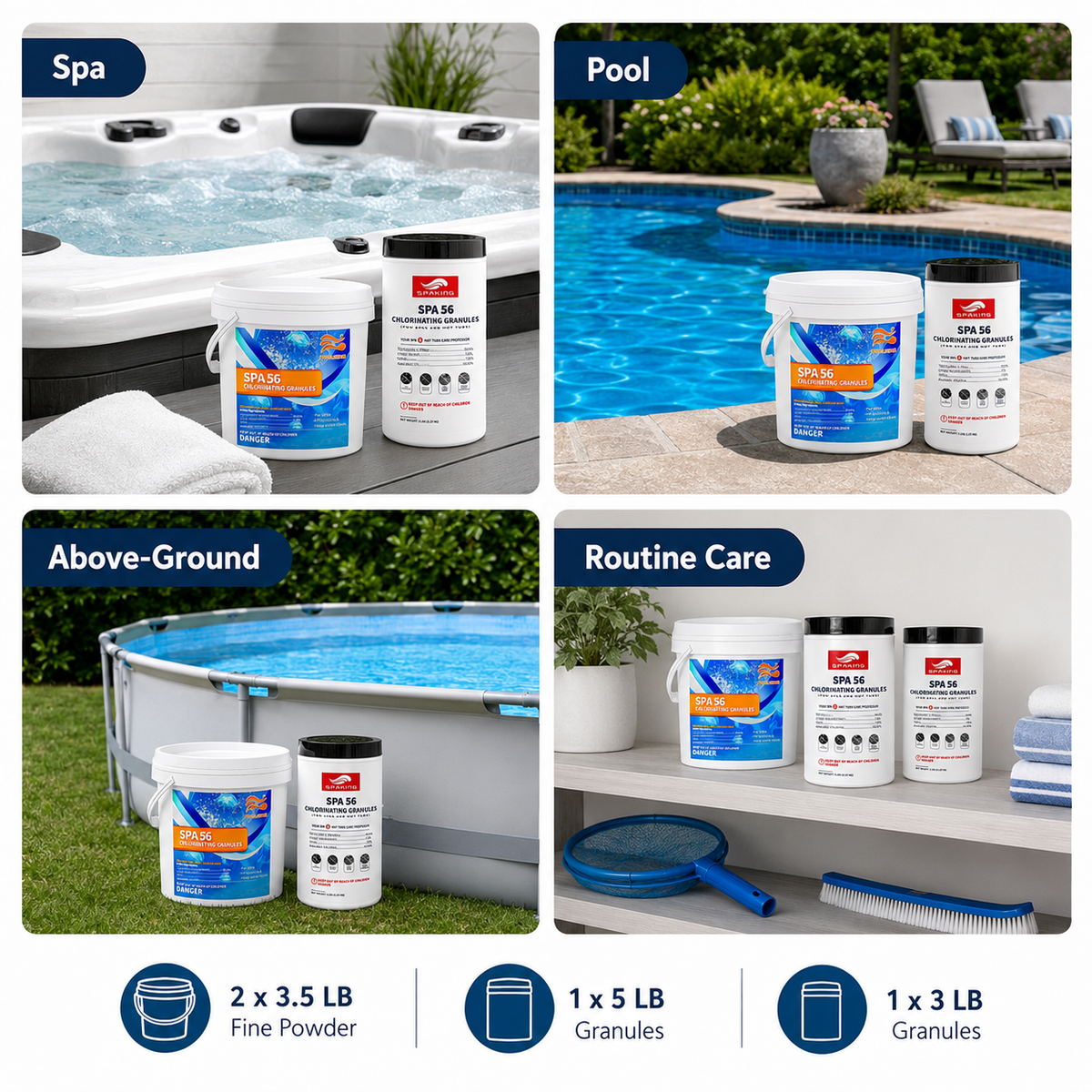 [Professional Disinfection Kit] Chlorine Powder Combo (2×3.5 lbs + 1×5 lbs + 1×3 lbs Buckets, 15 lbs Total) | Pool/Spa/Fish Pond Multi-Purpose Sanitizer